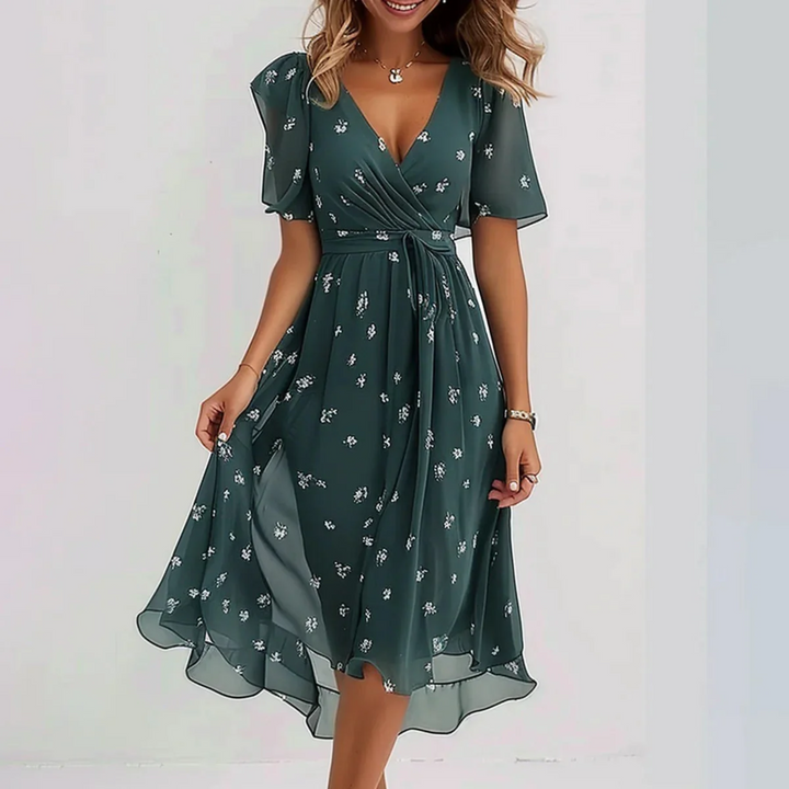 Women's Wrap Flutter Sleeve Elegant Midi Dress