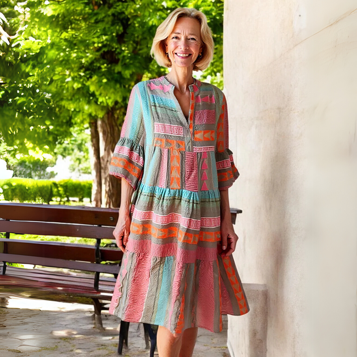 Elegant Spring Boho Mini Dress | 3/4 Sleeve