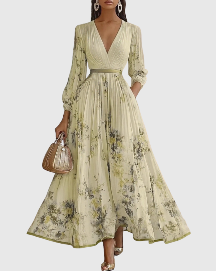 Women’s Elegant Pleated Maxi Dress | V-Neck