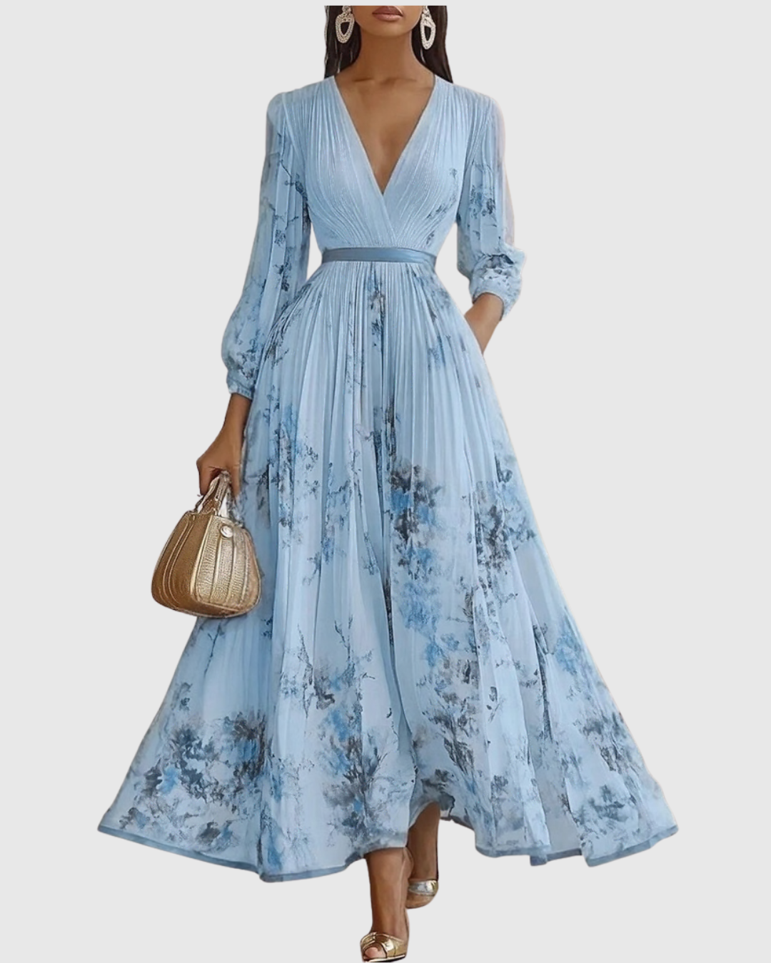 Women’s Elegant Pleated Maxi Dress | V-Neck