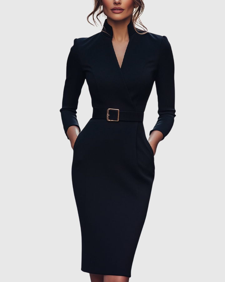 Refined Elegant Pencil Dress | Belted V Neck