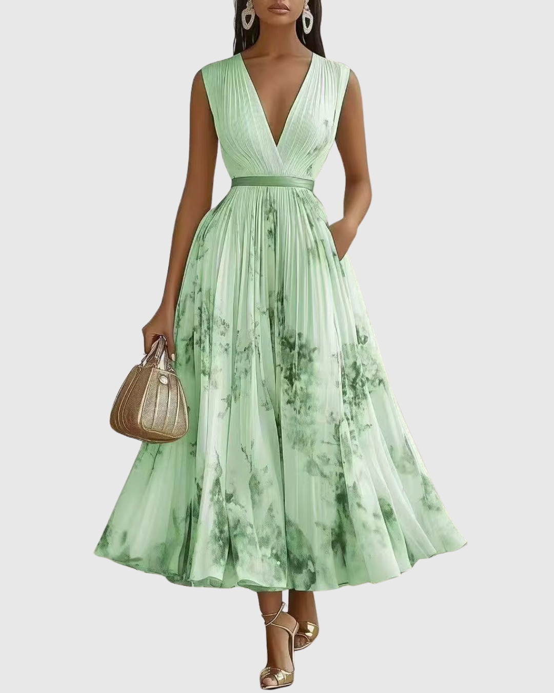 Women’s Elegant Pleated Maxi Dress | V-Neck