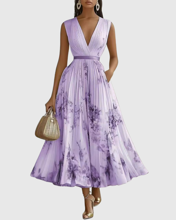 Women’s Elegant Pleated Maxi Dress | V-Neck