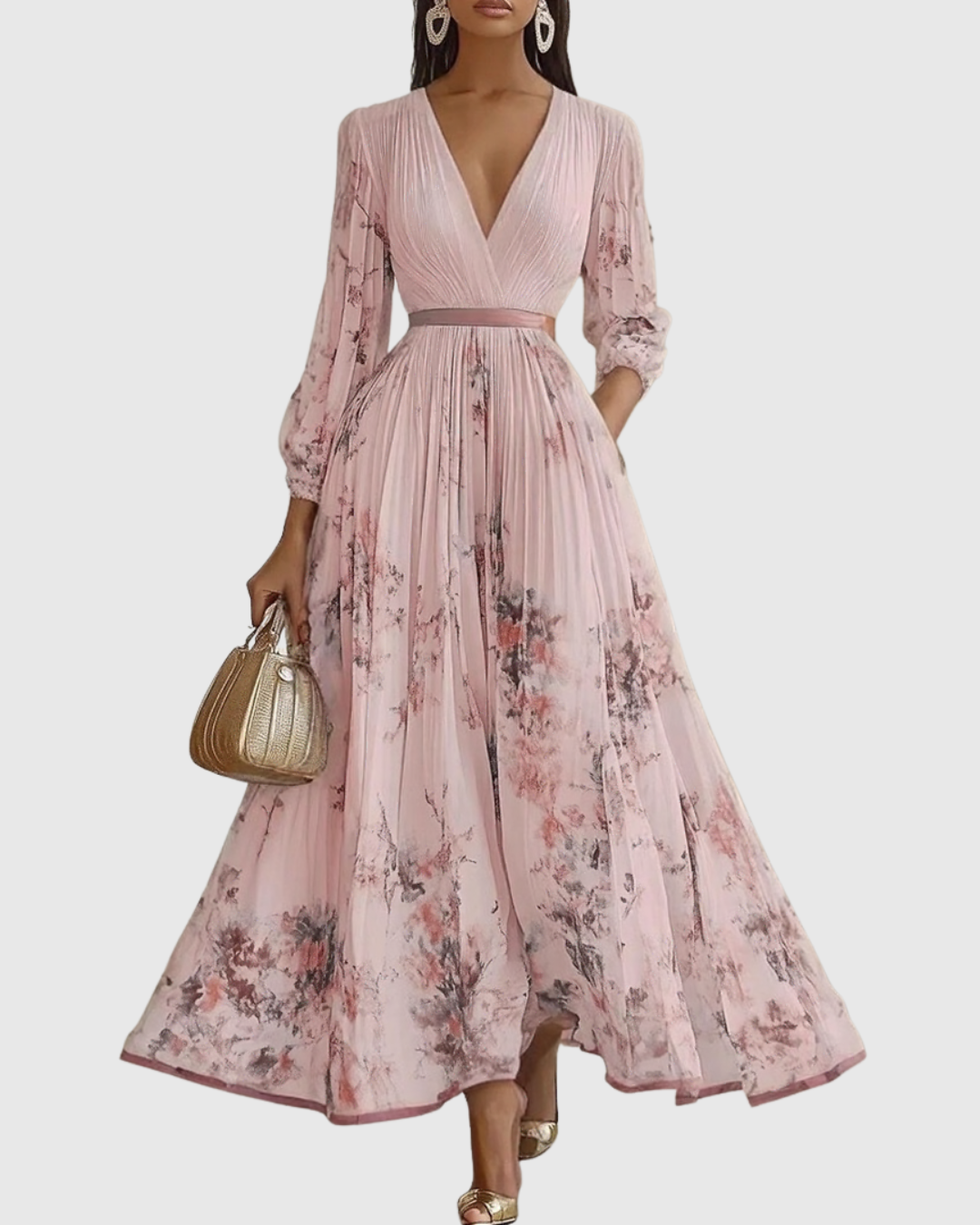 Women’s Elegant Pleated Maxi Dress | V-Neck