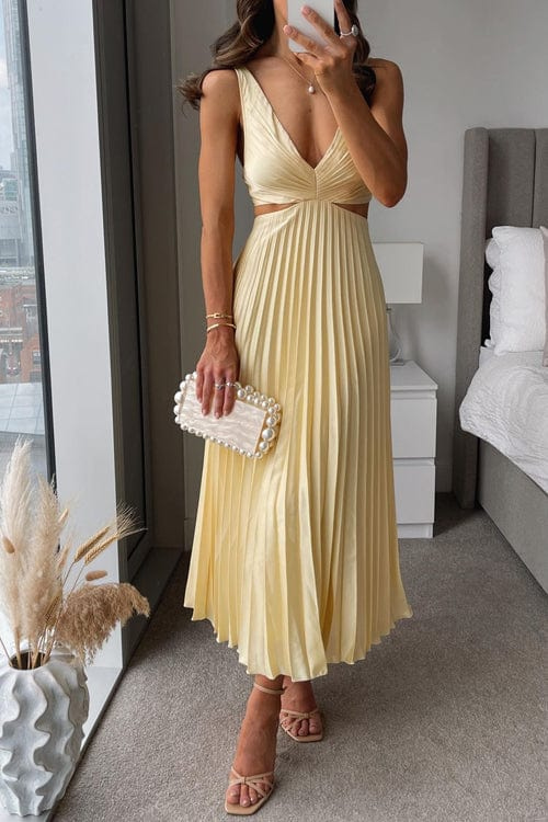 Women's Elegant Pleated Cutout Midi Dress