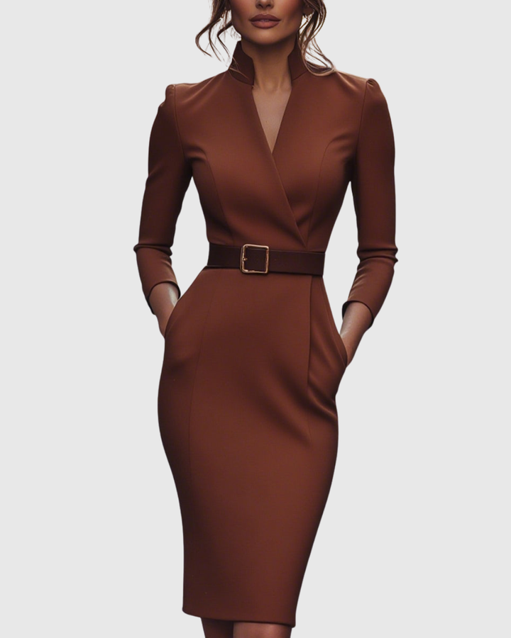 Refined Elegant Pencil Dress | Belted V Neck