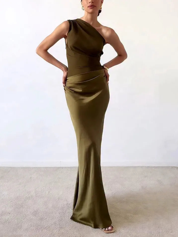 Elegant Pleated Party Maxi Dress | One Shoulder