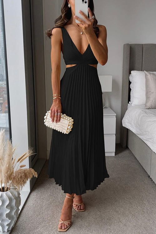 Women's Elegant Pleated Cutout Midi Dress