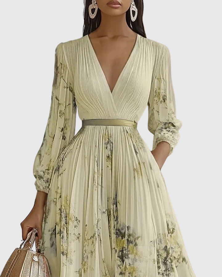 Women’s Elegant Pleated Maxi Dress | V-Neck