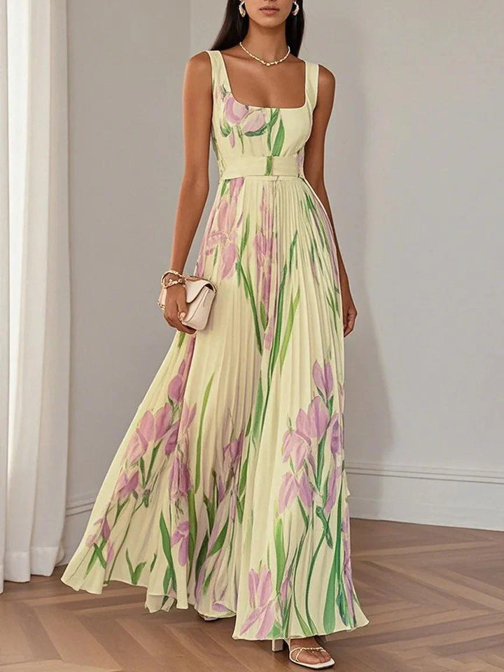 Women's Pleated Floral Maxi Dress | Square Neck