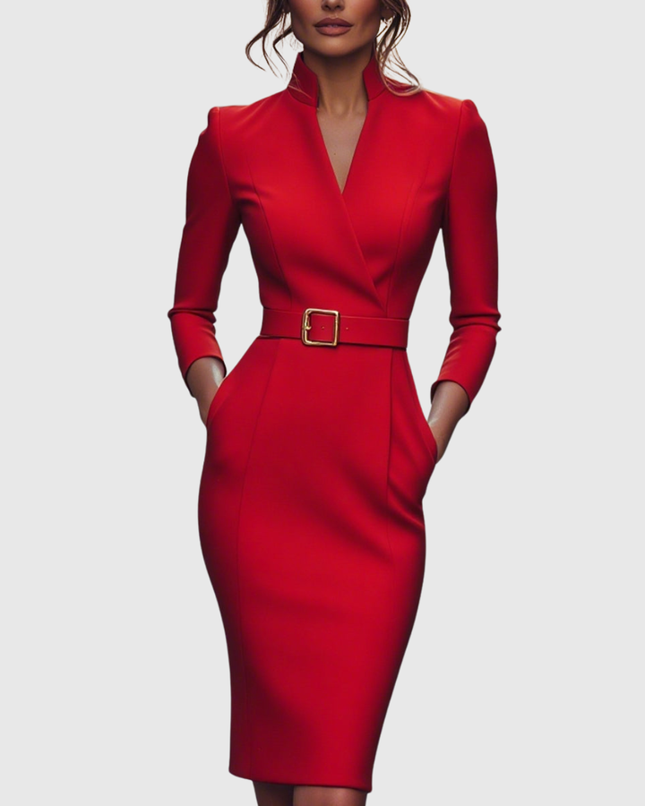 Refined Elegant Pencil Dress | Belted V Neck