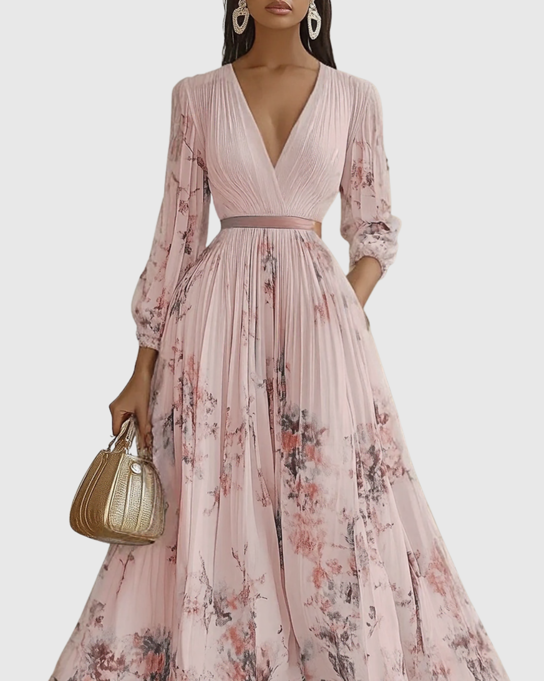 Women’s Elegant Pleated Maxi Dress | V-Neck