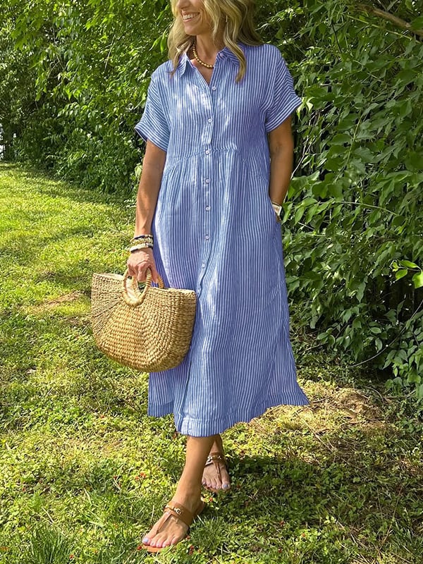 Women's Striped Shirt Midi Dress