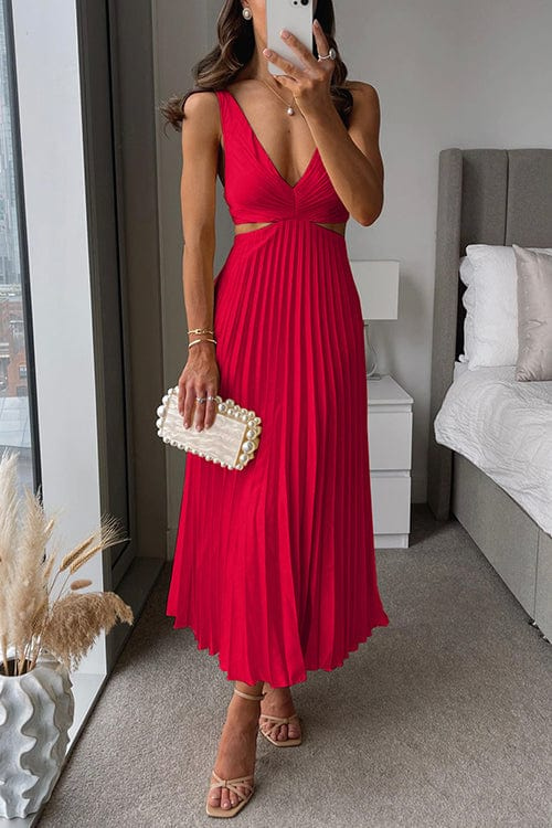 Women's Elegant Pleated Cutout Midi Dress