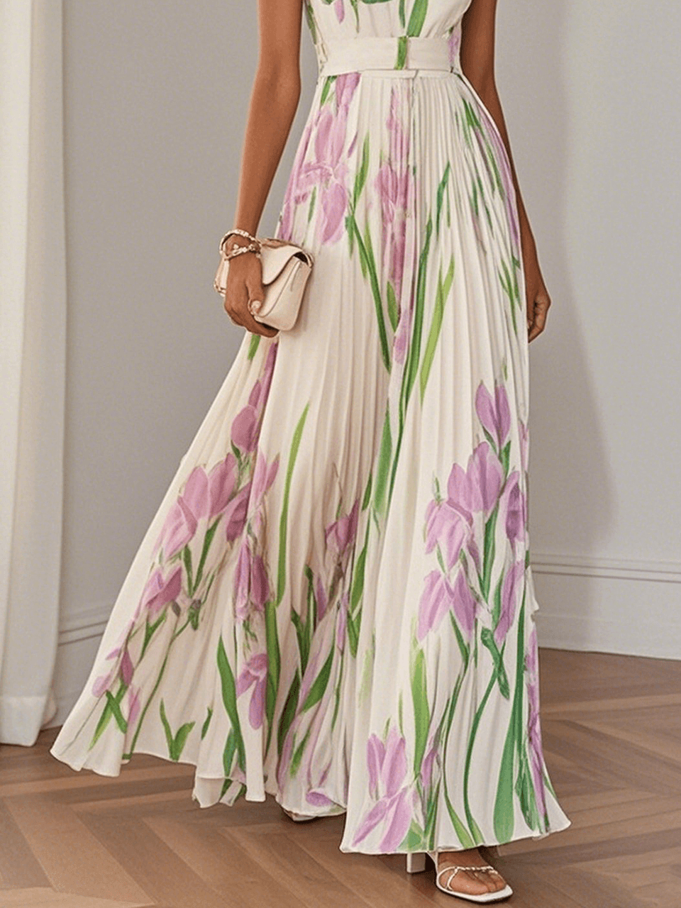 Women's Pleated Floral Maxi Dress | Square Neck