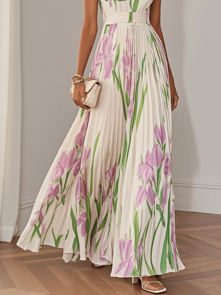 Women's Pleated Floral Maxi Dress | Square Neck