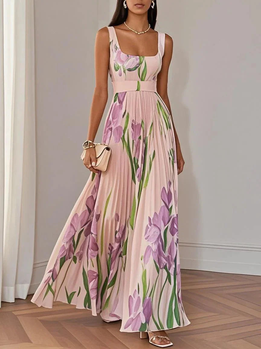 Women's Pleated Floral Maxi Dress | Square Neck