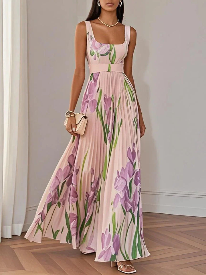 Women's Pleated Floral Maxi Dress | Square Neck