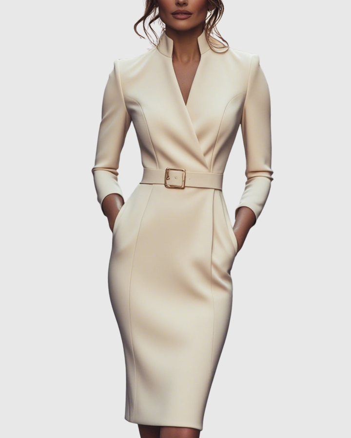 Refined Elegant Pencil Dress | Belted V Neck