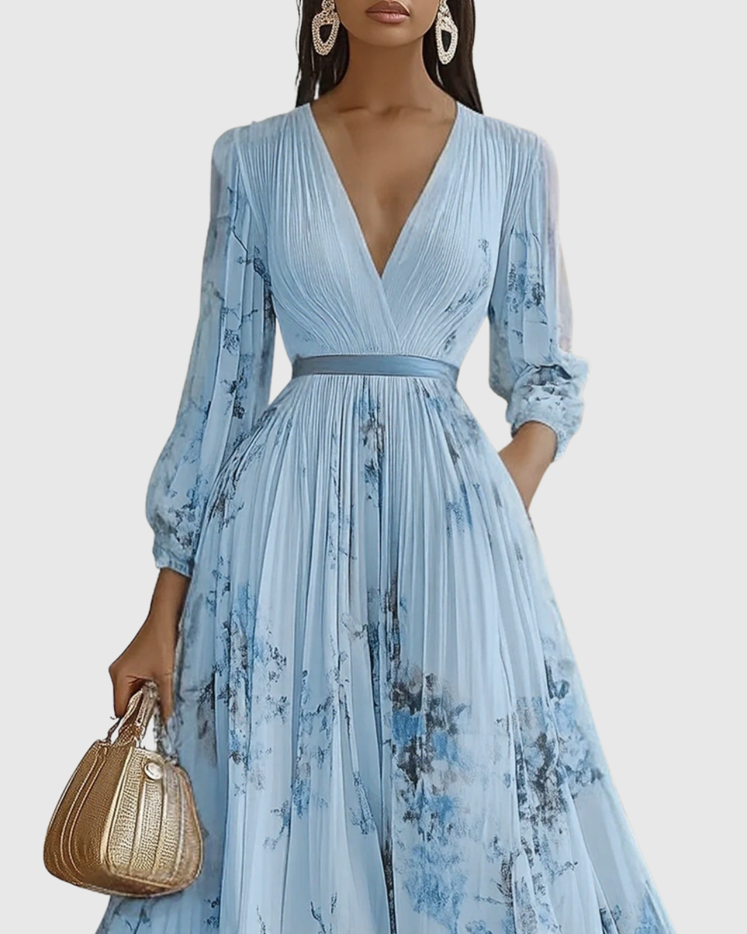 Women’s Elegant Pleated Maxi Dress | V-Neck