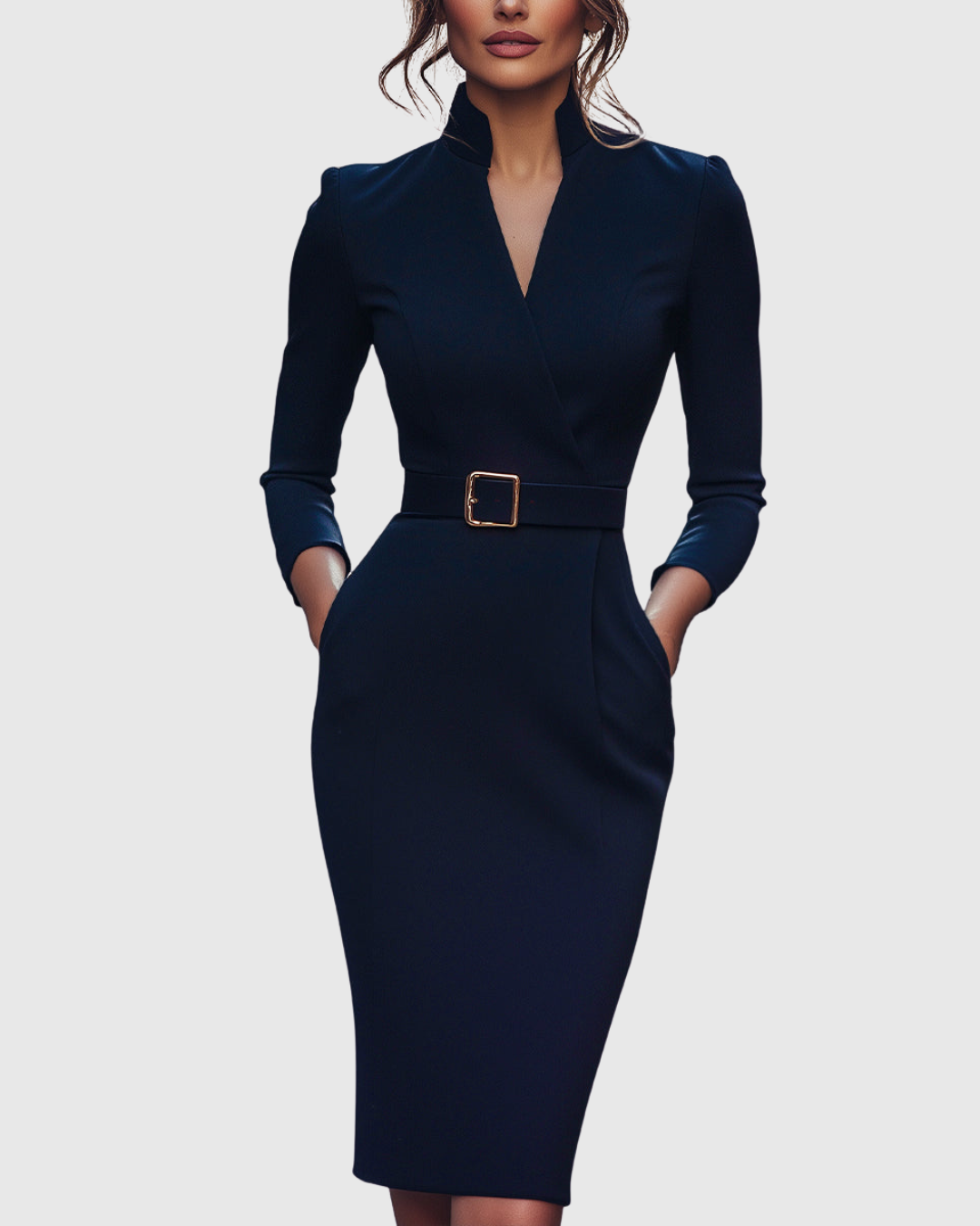 Refined Elegant Pencil Dress | Belted V Neck