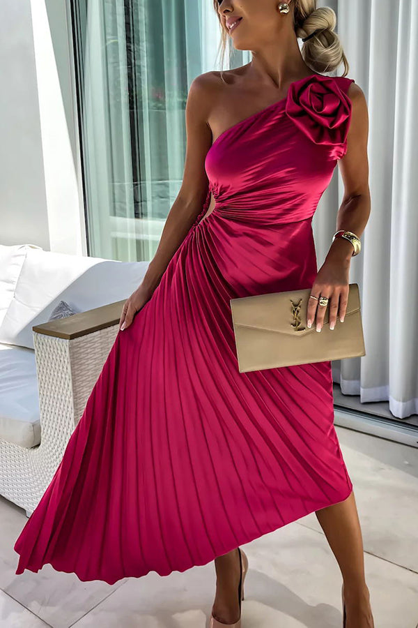 Women's One-Shoulder Pleated Midi Dress