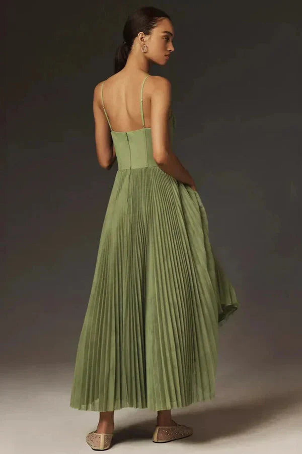 Women's Elegant Pleated Strappy Midi Dress