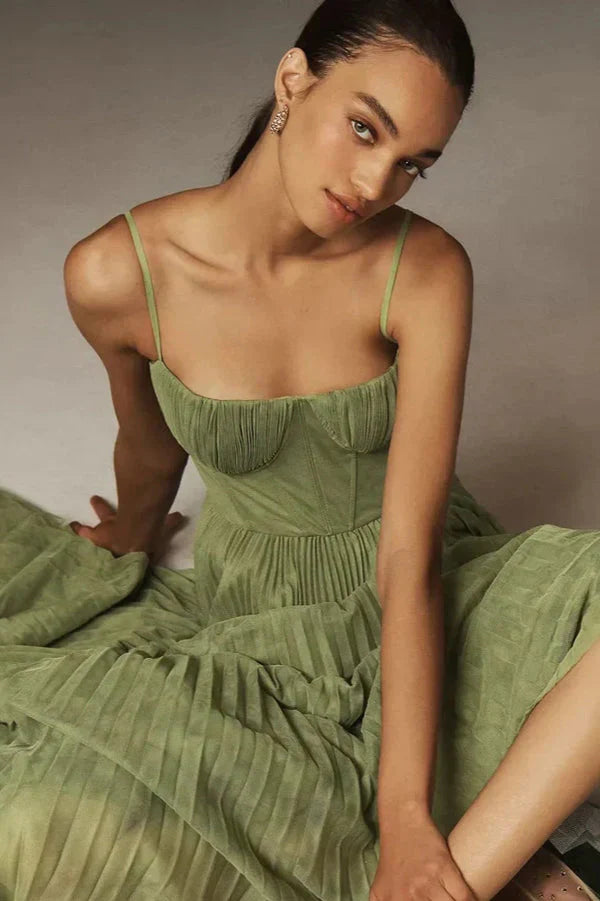 Women's Elegant Pleated Strappy Midi Dress