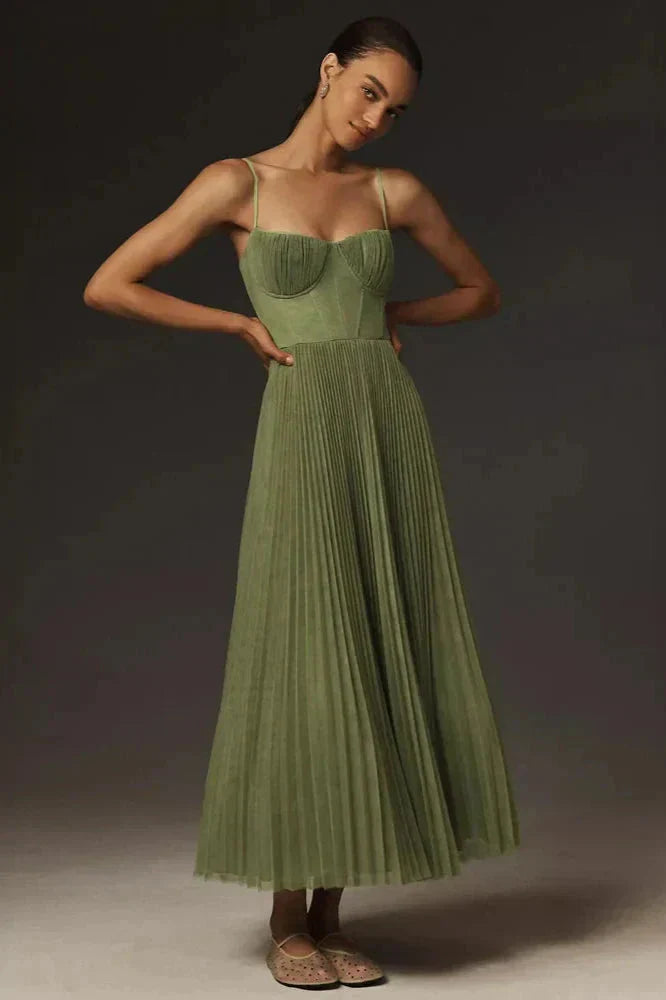 Women's Elegant Pleated Strappy Midi Dress