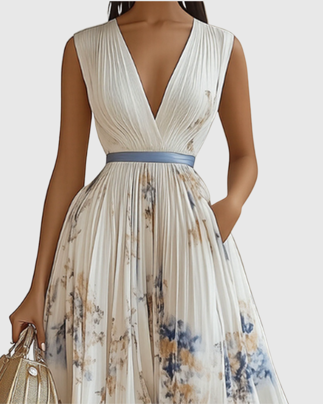 Women’s Elegant Pleated Maxi Dress | V-Neck
