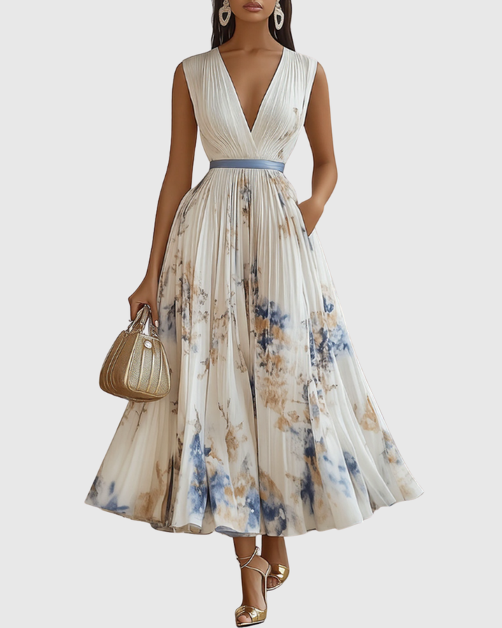 Women’s Elegant Pleated Maxi Dress | V-Neck