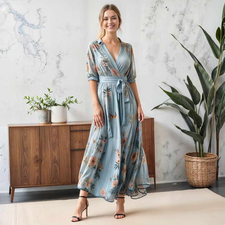 Women's Floral V-Neck Maxi Dress | Tie Waist