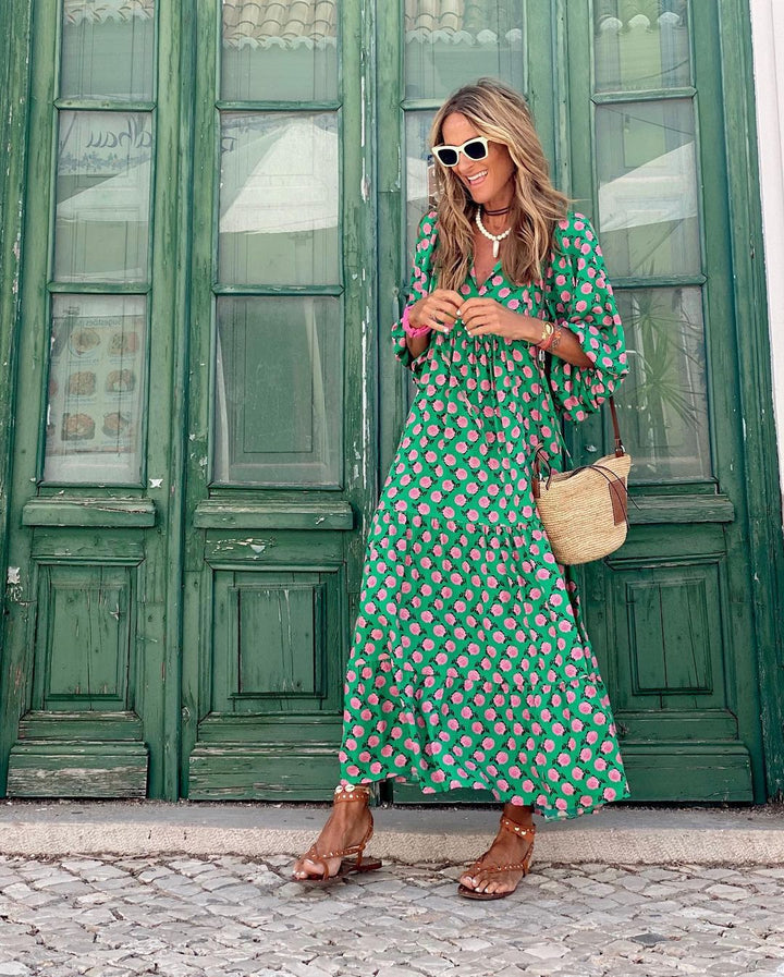 Relaxed Boho Maxi Dress | V Neck Printed