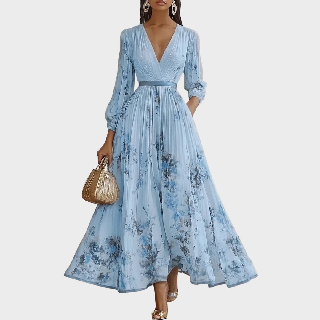 Women’s Elegant Pleated Maxi Dress | V-Neck