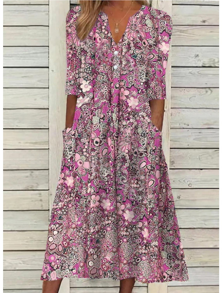 Women's Elegant Summer Midi Dress | Printed V-Neck