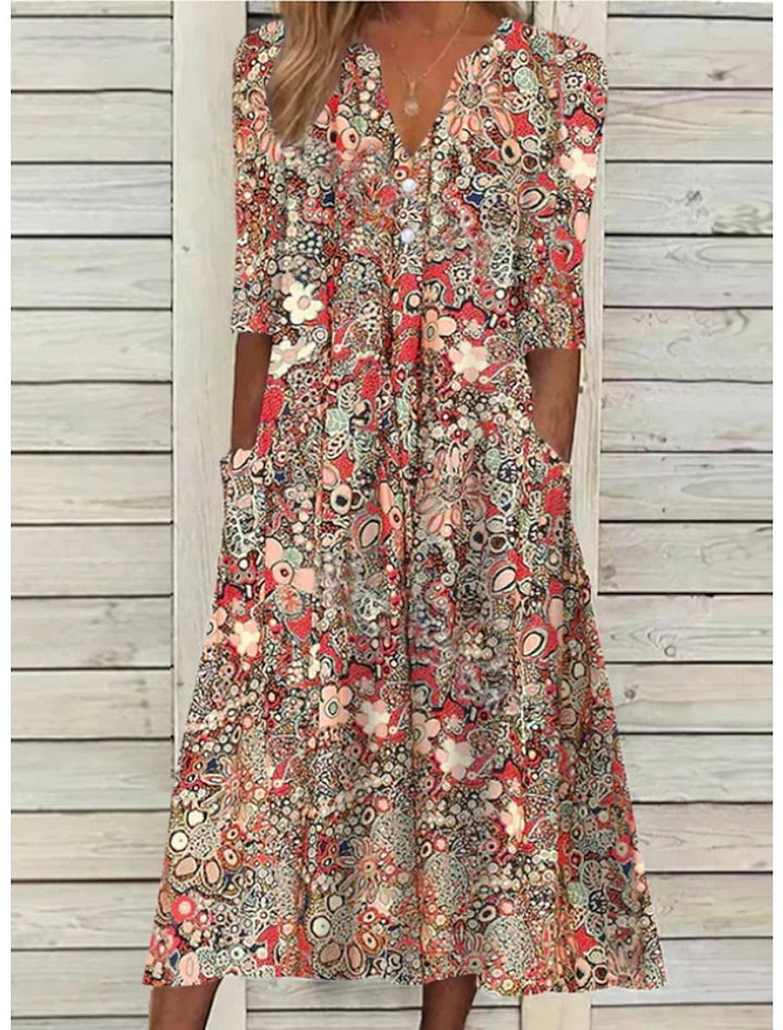 Women's Elegant Summer Midi Dress | Printed V-Neck