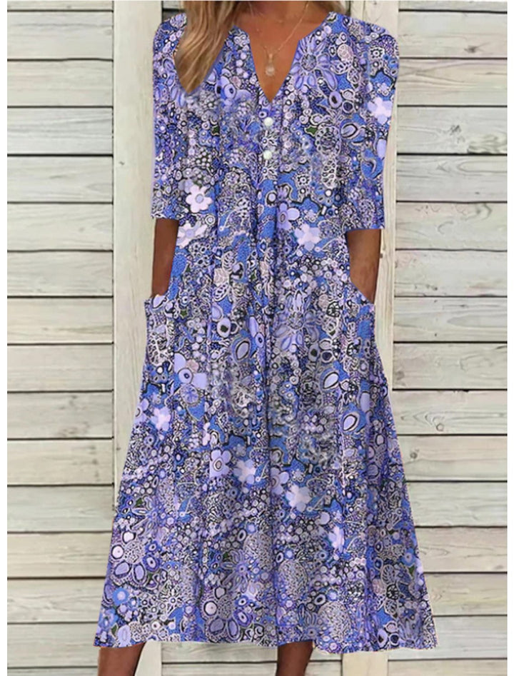 Women's Elegant Summer Midi Dress | Printed V-Neck