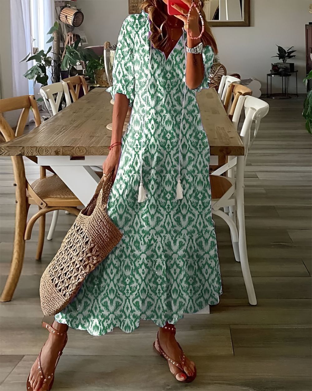 Boho Maxi Dress Women’s | V Neck Tassel
