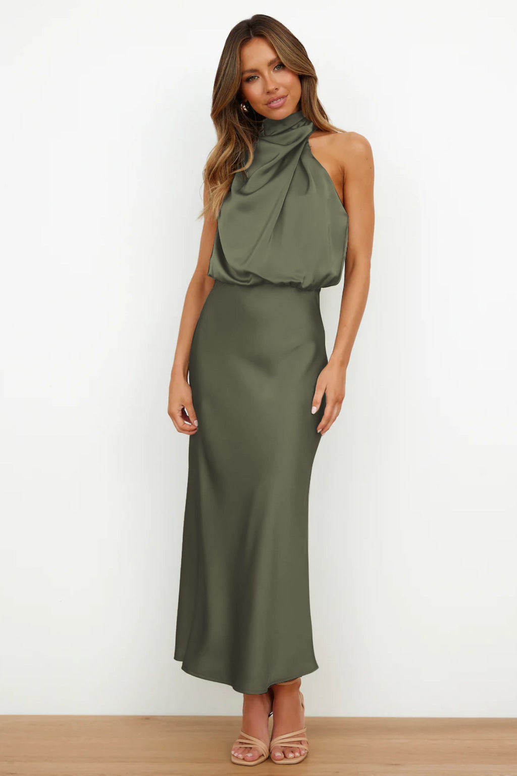 Women’s Elegant Halter Neck Satin Midi Dress