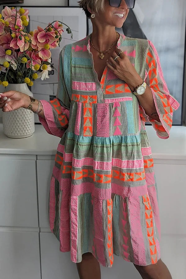 Elegant Spring Boho Mini Dress | 3/4 Sleeve