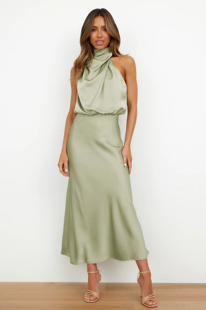 Women’s Elegant Halter Neck Satin Midi Dress