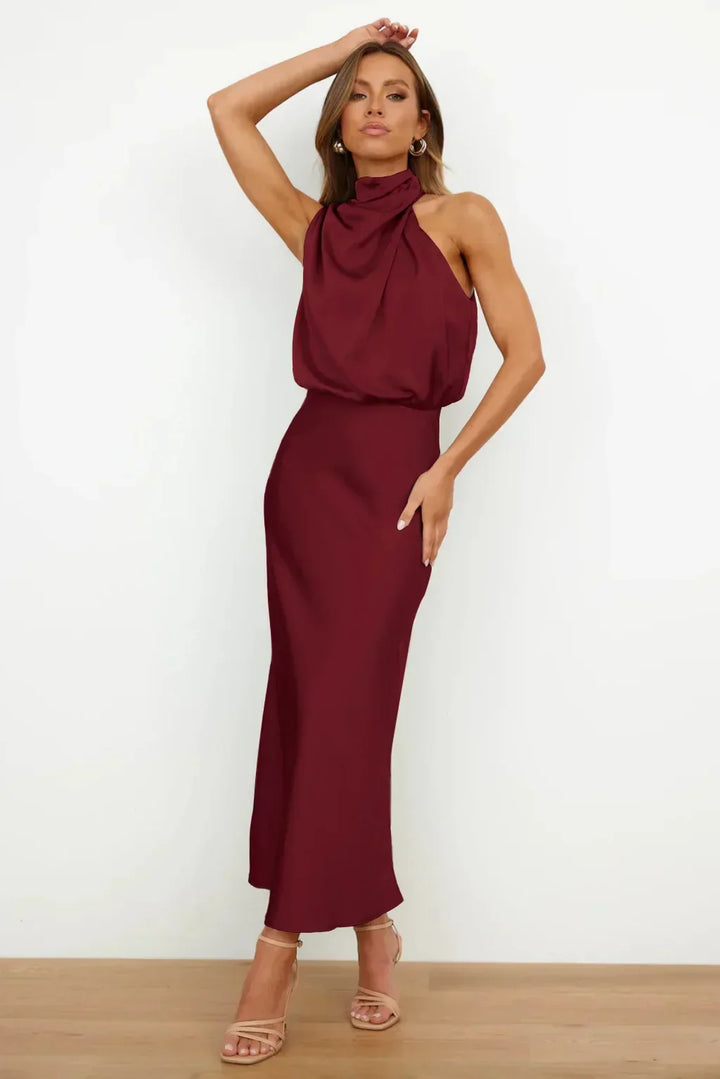 Women’s Elegant Halter Neck Satin Midi Dress