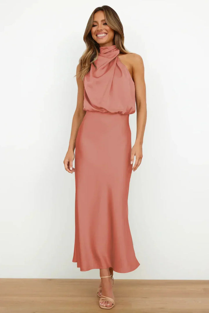 Women’s Elegant Halter Neck Satin Midi Dress