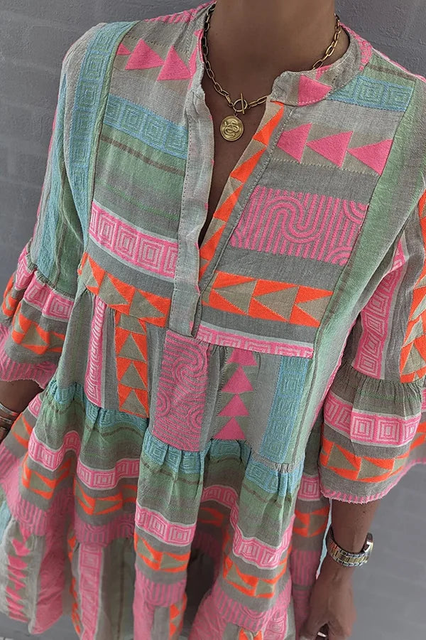 Elegant Spring Boho Mini Dress | 3/4 Sleeve