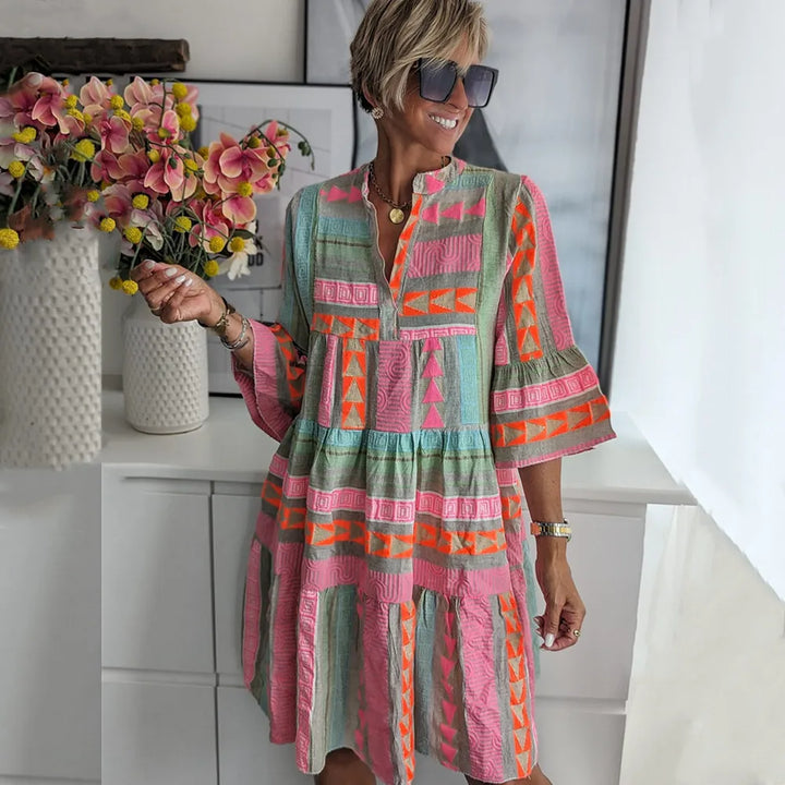 Elegant Spring Boho Mini Dress | 3/4 Sleeve