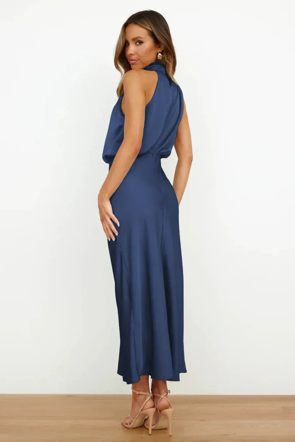 Women’s Elegant Halter Neck Satin Midi Dress