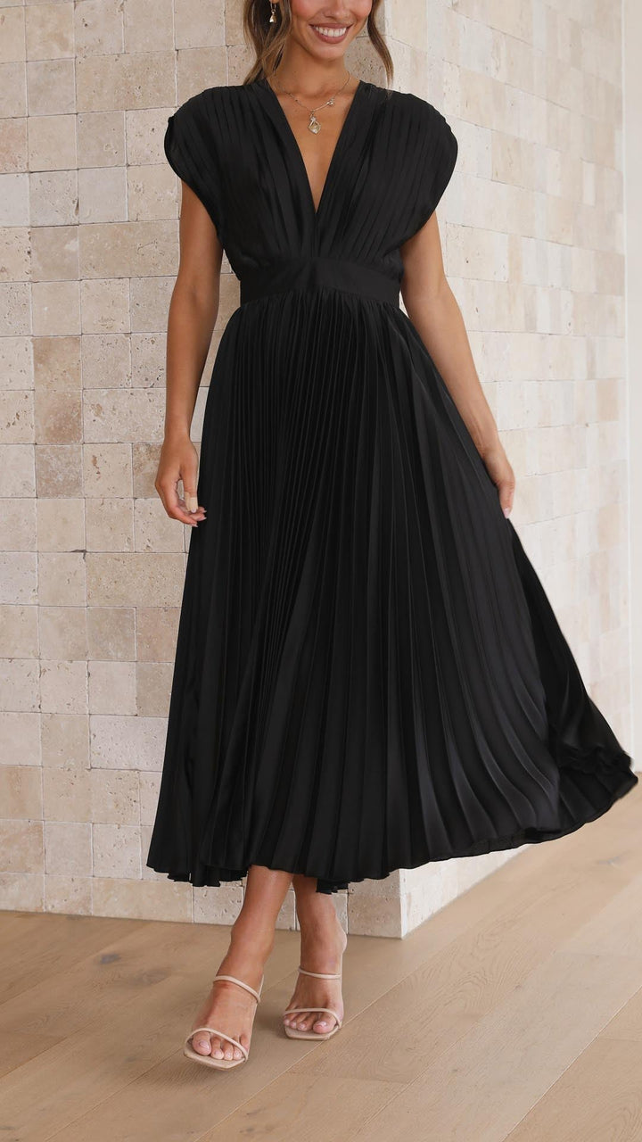 Women's Elegant Pleated Maxi Dress | V-Neck