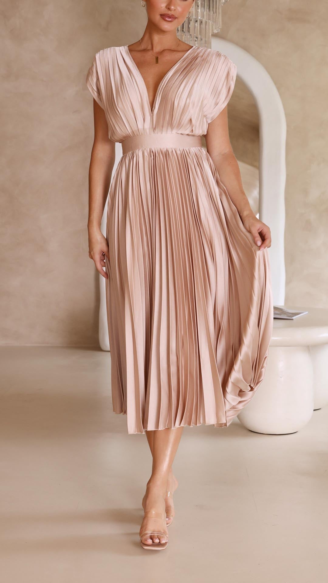 Women's Elegant Pleated Maxi Dress | V-Neck