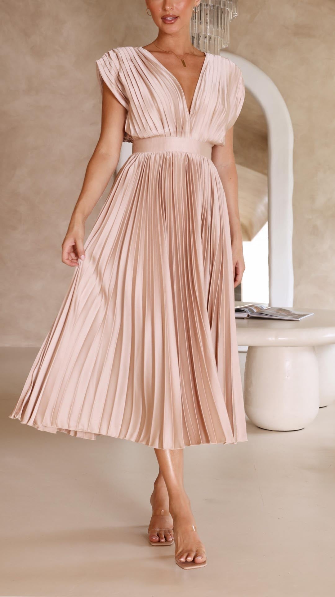 Women's Elegant Pleated Maxi Dress | V-Neck