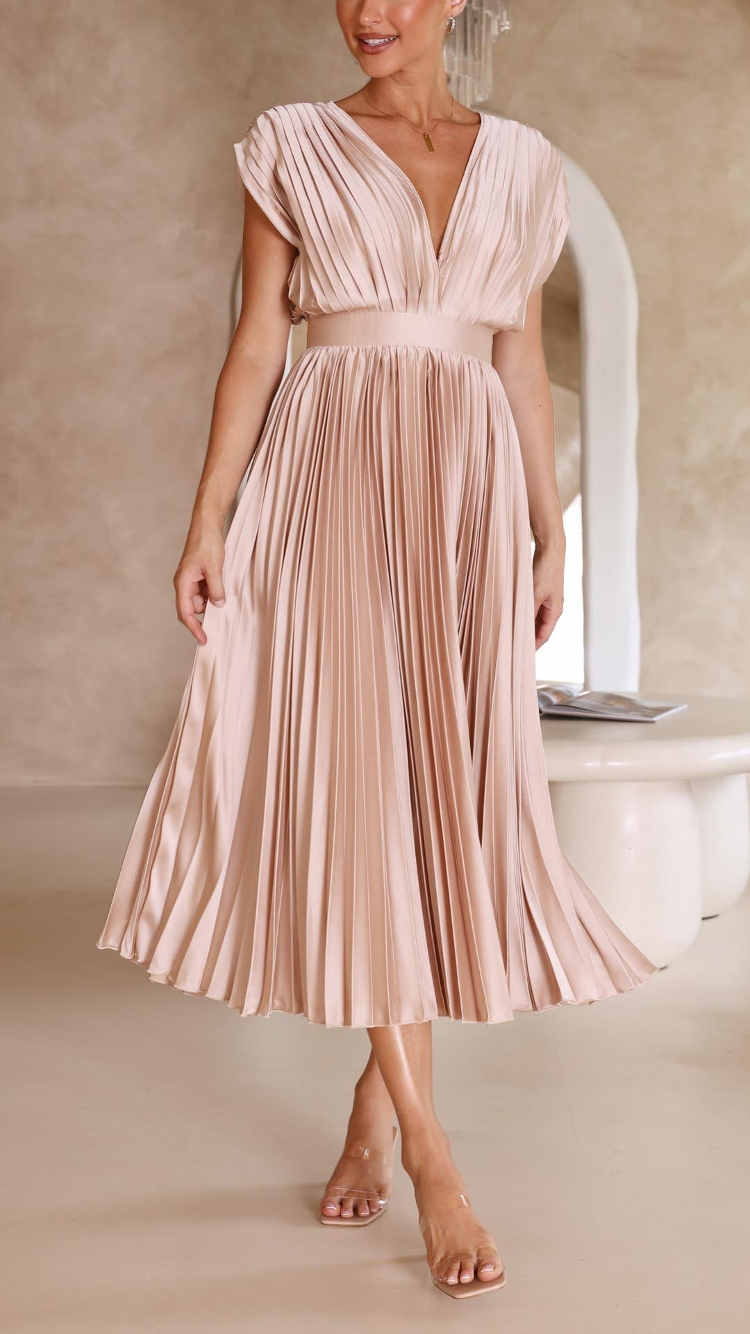 Women's Elegant Pleated Maxi Dress | V-Neck